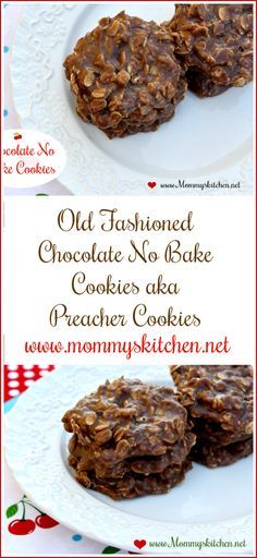 chocolate no bake cookies on a white plate with the words, old fashioned chocolate no bake cookies