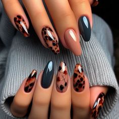 #nailsofinstagram Leaped Print Nails, Leopard Nail Designs, Leopard Print Nails, Leopard Nails, Almond Nails Designs, Almond Acrylic Nails, Thanksgiving Nails, Autumn Nails, Classy Nails