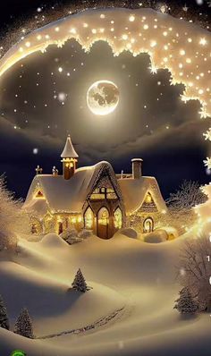 a christmas card with a house in the snow at night under a full moon and stars