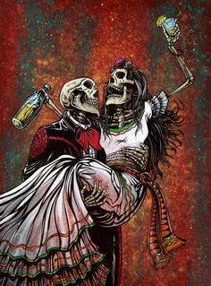 a painting of two skeletons hugging each other