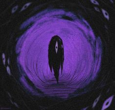 a person with long hair is walking through a purple tunnel that looks like it's coming out of the ground