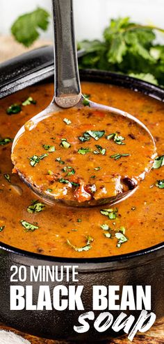 A close up view of a ladle being lifted out of a pot of black bean soup. Black Beans Soup, Black Bean Tomato Soup, Black Bean Vegetable Soup, Black Bean, Vegetable Black Bean Soup, Healthy Black Bean Soup, Vegan Black Bean Soup, 20 Minute Black Bean Soup, Easy Black Bean Soup