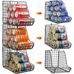 three tiered metal storage rack with cans and cans on each shelf in different positions