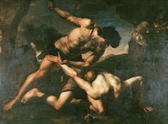 the painting depicts two men wrestling with each other