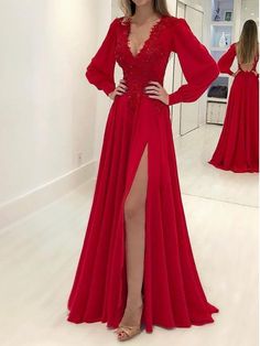 A-Line/Princess Long Sleeves V-neck Sweep/Brush Train Applique Chiffon Dresses Prom Dresses Under 100, Princess Sleeves, Chiffon Dresses, Long Sleeve Prom, Beautiful Prom Dresses, Red Prom, A Line Prom Dresses, فستان سهرة, Prom Dresses With Sleeves