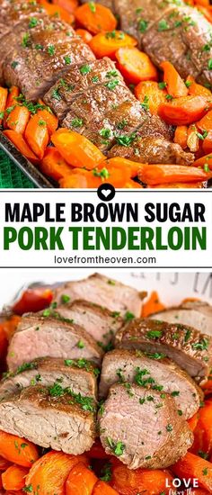 this is an image of maple brown sugar pork tenderloin with carrots and parsley