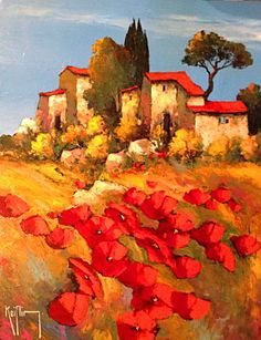 an oil painting of red poppies in front of a white house on a hill