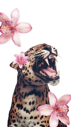 a leopard with its mouth open and flowers in front of it's face on a white background