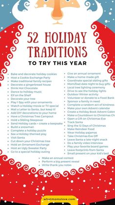 a flyer for the 52 holiday traditions to try this year, with santa clause on it