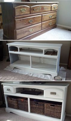 a white entertainment center sitting on top of a floor next to a can of paint