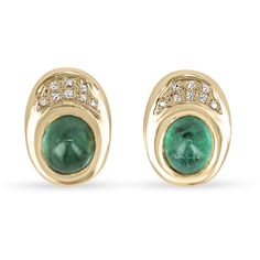 An exquisite pair of emerald cabochon and diamond clip-on earrings. Two large, natural cabochon-cut emeralds are bezel set; displaying a gorgeous mossy green color and good clarity. Accenting the center gems, are eight brilliant round cut diamonds at the top of each pair. Crafted and set in 14K yellow gold.   If you would like to add posts to the earrings, please message us for more information.  Setting Style: Bezel/Pave Setting Material: 14K Yellow Gold Setting Weight: 10.3 Grams Main Stone: E Formal Fine Jewelry Gemstone Cabochons, Emerald Diamond Earrings For Formal Events, Emerald Diamond Earrings For Formal Occasions, Formal Emerald Diamond Earrings, Fine Jewelry Yellow Gold Cabochons For Formal Occasions, Fine Jewelry Green Cabochons For Formal Occasions, Formal Fine Jewelry Diamond Clip-on Earrings, Formal Clip-on Diamond Earrings Fine Jewelry, Green Cabochons For Formal Fine Jewelry