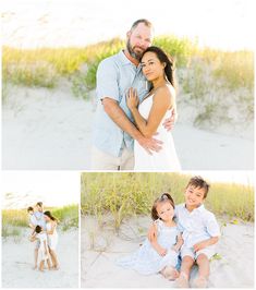 a family posing for pictures on the beach