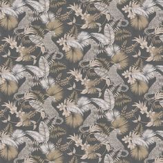 an image of a wallpaper with leaves and flowers in grey, gold and white colors