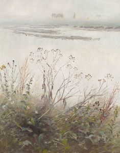 an oil painting of plants and water in the background, with a foggy sky