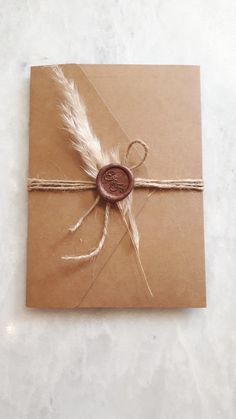 a brown envelope tied with twine and a wax stamp on it, sitting on a white surface