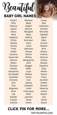 the beautiful baby girl names are shown in this printable poster