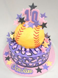 a birthday cake with a baseball and stars on it that says 10 o'clock