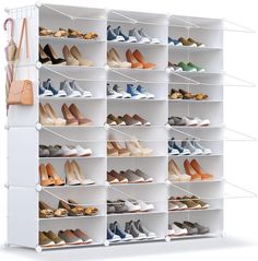 a white shoe rack filled with lots of shoes