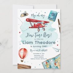 a birthday card with an airplane and hot air balloons on the front, which reads how time flies