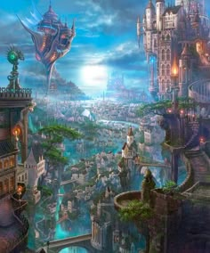 an image of a fantasy cityscape that looks like it is floating in the air