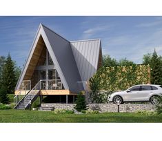 a car is parked in front of a house with a roof that has been shaped like a triangle