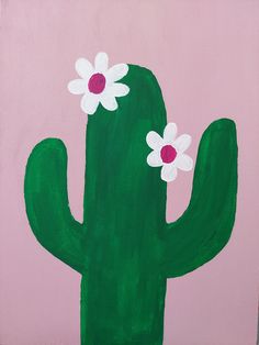 a painting of a green cactus with two white flowers on it's back side