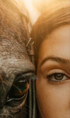 a close up of a woman's face next to a horse