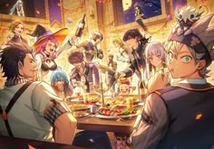 anime characters are gathered around a table with food and drinks on it in front of them