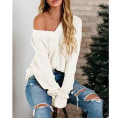 V Neck Sweaters Oversized Long Sleeve Off Shoulder Ribbed Loose Knit Slouchy Pullover Sweater Nwot V Neck Sweaters, Baggy Sweaters, Off Shoulder Shirt, Chic Skirts, Oversized Long Sleeve, Cold Shoulder Sweater, Off Shoulder Sweater, Loose Knit, Really Cute Outfits