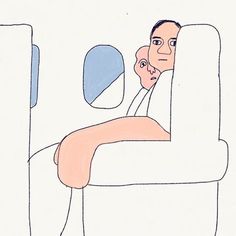 a drawing of a man sitting in an airplane seat with his head resting on the armrest