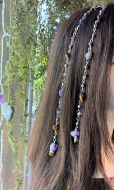 Comes with a sensitive scalp attachment clip and a goodie bag with an assortment of hippie items!🫧 Dreamer Hippie Hair Bead: Set with the intention of regulating bodily functions and control of subconscious.  Each are handmade and not alike. Every Hippie Hair Bead has the same color scheme and most of the same beads as pictured.    Hippie Hair Beads are made using Sterling Silver Wire/Gold Plated Wire.  Each piece is made with ethnically sourced crystals<3 Crystals: Tiger's Eye and Amethyst. Al Amethyst Hair, Hair Charm, Hair Charms, Hippie Aesthetic, Unique Hair Accessories, Green Wig, Hippie Hair, Unique Hair, Aesthetic Jewelry