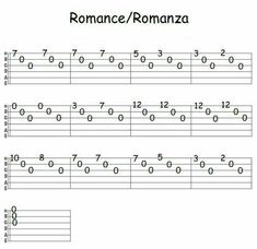 the guitar tab for romance / romana, which is part of a sheet music arrangement