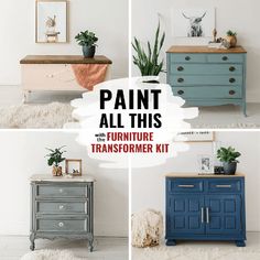 the furniture is painted in different colors and styles, with text that reads paint all this