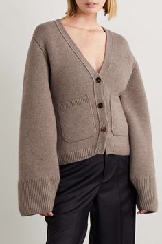 KHAITE Scarlet cashmere-blend cardigan | NET-A-PORTER Formal Cashmere Cardigan For Fall, Luxury Wool V-neck Outerwear, Classic Cashmere Cardigan With Pockets, Luxury Merino Wool Cardigan For Work, Luxury Cashmere Cardigan For Work, Formal Winter Cardigan With Pockets, Khaite Scarlet, Beige Cardigan, Cashmere Cardigan