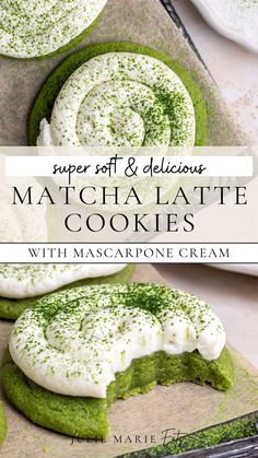 matcha latte cookies with mascarpone cream on top and the title overlay reads super off & delicious