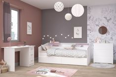 a child's bedroom with pink walls and white furniture