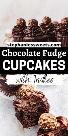 chocolate fudge cupcakes with truffles on top and in the background