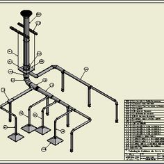 an architectural drawing of a pipe system with parts labeled in the top right corner and bottom left corner