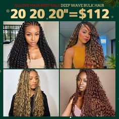 Allove Hair Deep Wave Bulk Hair Extensions for Boho Knotless Braiding - AlloveHair Human Hair For Braiding, Full Lace Front Wigs, Boho Knotless, Overnight Hairstyles, Wave Texture, Affordable Wigs, Long Hair Wigs, Jet Black Hair, Hair Pack