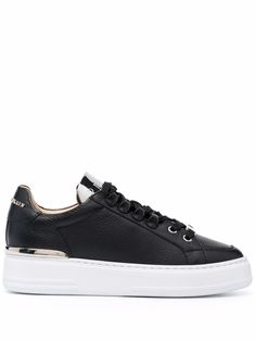 black leather logo-embossed metallic tongue silver-tone logo plaque branded heel counter round toe front lace-up fastening branded insole flat rubber sole Philipp Plein Shoes, Philipp Plein, Leather Logo, Sneakers Black, Low Top, Lace Front, Top Sneakers, Rubber Sole, Fashion Branding