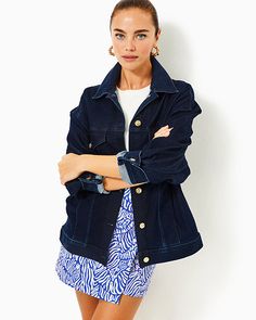 Easy fit, long sleeve, button front denim jacket. 27" in length (based on a size small/4). Skims the body. Roomier fit.  Repreve® Denim (74% Cotton, 24% Repreve Recycled Polyester, 2% Spandex). Machine wash cold, delicate cycle, separately, or dry clean. Imported. Layer any look with our timeless Brixley Denim Jacket. Chic Dark Wash Relaxed Fit Denim Jacket, Chic Long Sleeve Denim Jacket With Button Cuffs, Chic Denim Jacket With Button Cuffs, Chic Relaxed Fit Long Sleeve Denim Jacket, Outerwear Jackets, Lilly Pulitzer, Denim Jacket, Dry Clean, Spandex