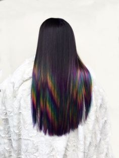 Prism Peekaboo Hair, Dark Prism Hair, Multi Color Hair Ideas, Rainbow Peekaboo Hair, Prism Hair Color, Trendy Hair Salon, Oil Slick Hair, Black Hair Types, Cotton Candy Hair