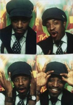 four different pictures of a man wearing a hat and tie