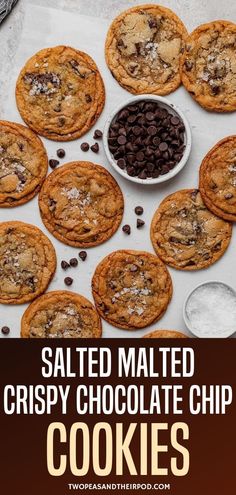 salted malted crispy chocolate chip cookies on a baking sheet