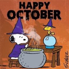 a charlie brown halloween card with a cartoon character stirring a pot of soup in it