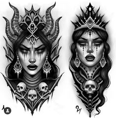 two women with horns and skulls on their heads are shown in this tattoo art design