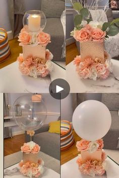 four different pictures of a cake with flowers on it and balloons in the air above