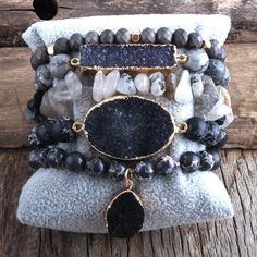 Bohemian Gemstone Druzy Charm Stacking Bracelet Duo - Lucid Fantasy Black Beaded Bracelets, Bohemian Bracelets, Bead Charm Bracelet, Stretchy Bracelets, Boho Gifts, Boho Designs, Nature Bracelets, Metal Bracelets, Boho Bracelets