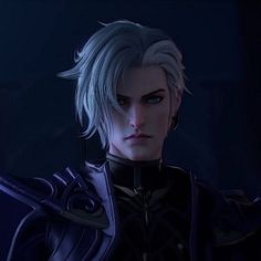 an animated image of a male character with white hair and blue eyes, wearing armor