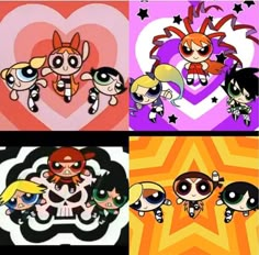 the powerpuff girls cartoon characters in different colors and sizes, all with heart shaped shapes